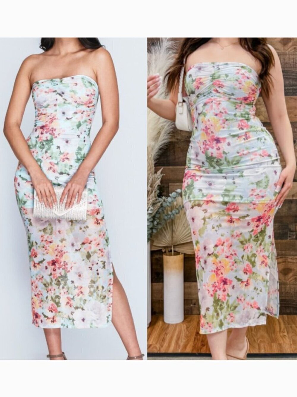 HAUTE MONDE Light Blue Pink Floral Semi Sheer Mesh Strapless Midi Dress ? w Slit